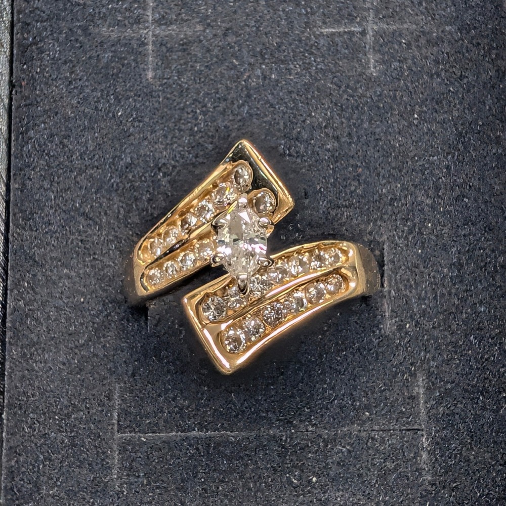 Vintage Diamond Bypass Ring Womens Size 8 Gold 14k .98ctw Marquise Accent